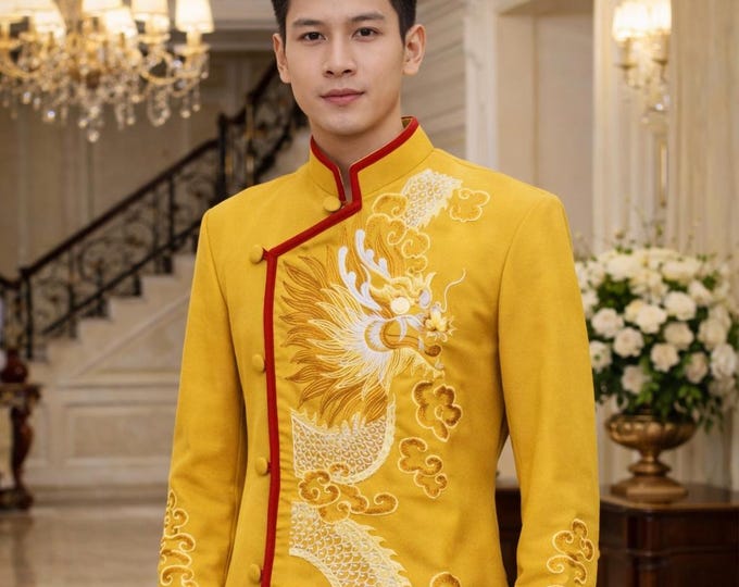 Gold Embroidered Dragon Vietnamese Ao Dai, Men's Groom Attire