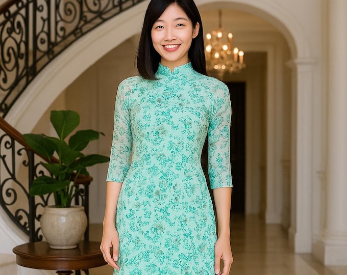 Beautiful Floral Vietnamese Áo Dài | Double Layer | Premium Fabric | Traditional Dress