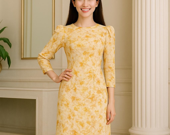 Gold Floral Vietnamese Áo Dài | Double Layer Premium Fabric | Traditional Dress