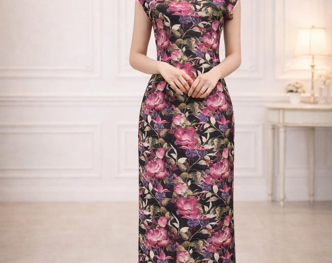 Elegant Black Floral Cheongsam | Vintage-Inspired Qipao Dress | Mandarin Collar | Handmade Vietnamese Ao Dai Style