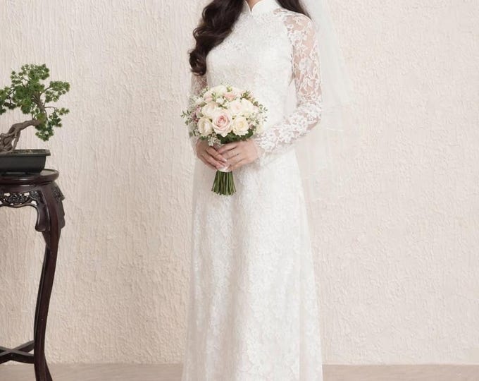 Luxurious White Lace Ao Dai for The Bride, Ao Dai Co Dau Mau Do, Áo dài Trắng Cô Dâu