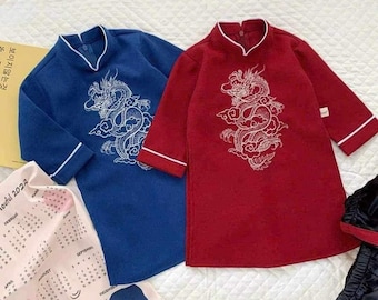 Vietnamese Red and Blue Embroidered Ao Dai For Kids , Children's Ao Dai, Ao dai for Boys , Boy's Ao Dai