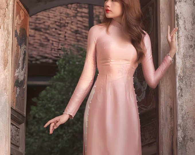 Hand-Made Pink Traditional Vietnamese Ao Dai, Van Go Silk Ao Dai, Ao Dai Lua Van Go Cao Cap