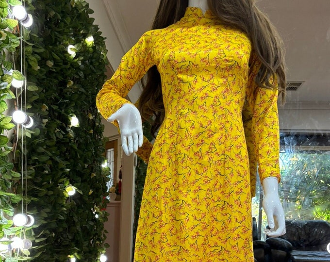 Hand-Made Yellow Brocade Traditional Floral Vietnamese Ao Dai