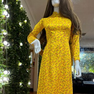 Hand-Made Yellow Brocade Traditional Floral Vietnamese Ao Dai