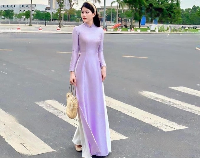 Purple Hand-Made Traditional Vietnamese Ao Dai, Van Go Silk Ao Dai, Ao Dai Lua Van Go Cao Cap