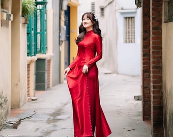 Luxurious Red Traditional Ao Dai for women, Red ao dai for the bride , Ao dai do co dau