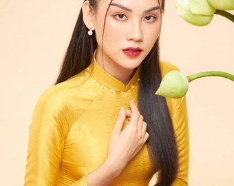 Hand-Made Gold Traditional Vietnamese Ao Dai, Van Go Silk Ao Dai, Ao Dai Lua Van Go Cao Cap