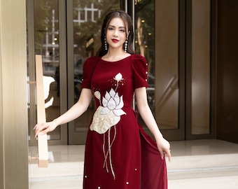 Red Velvet Designed Modernized Ao Dai Ao Dai Cach Tan Thiet ke Dep Beautiful Hand-made Modernized Vietnamese Ao Dai