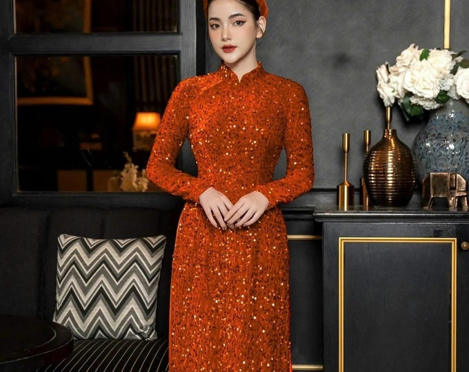 Orange Luxurious Sequin ao dai, Ao dai for Bride mother of Bride/Groom, Ao dai truyen thong Dep