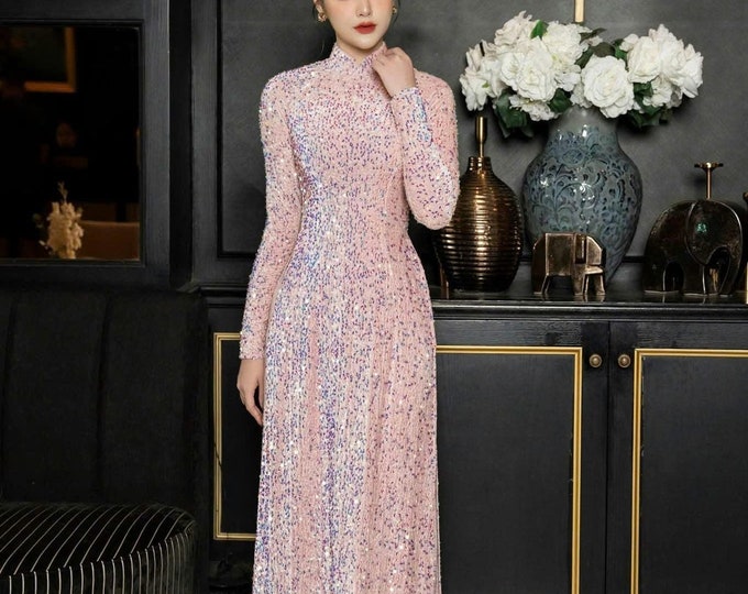Pink Luxurious Sequin ao dai, Ao dai for Bride mother of Bride/Groom, Ao dai truyen thong Dep