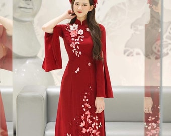 Luxurious Red Ao Dai for The Bride, Ao Dai Co Dau Mau Do, Áo dài Đỏ Cô Dâu