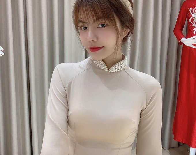Beautiful Nude Ao Dai with Beads, Ao Dai for bridesmaids, Bridesmaid's ao Dai, Ao Dai Viet Nam Phu Dau Ket Cuom, Áo dài phụ dâu kết cườm