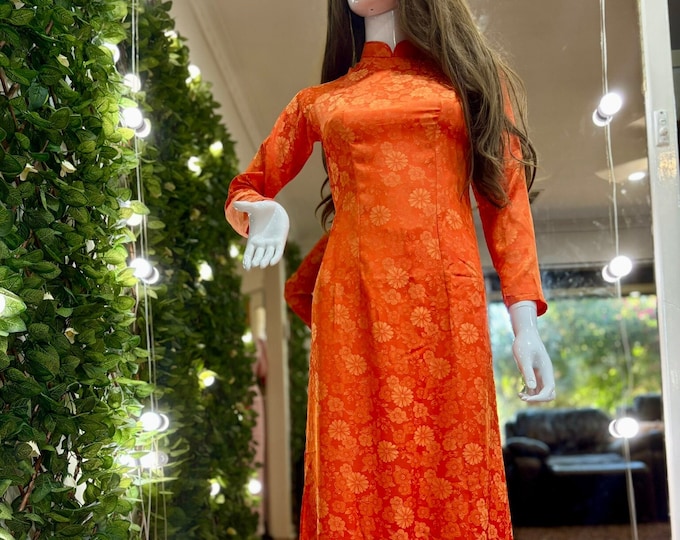 Hand-Made Orange Brocade Traditional Floral Vietnamese Ao Dai