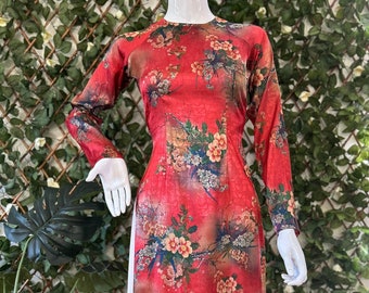Beautiful Red Floral Brocade Silk Ao Dai Vietnamese Traditional Long Dress for Women