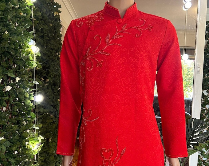 Red Luxirious Designed Vietnamese Traditional Long Dress for Men, Ao Dai Chu Re, Ao Dai Nam. No pants