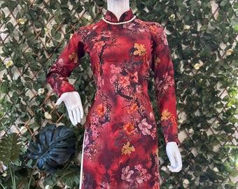 Red Floral Brocade Silk Ao Dai Vietnamese Traditional Long Dress for Women