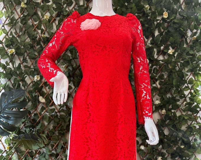 Luxurious Red Lace Vietnamese Ao Dai, Ao Dai Ren Do