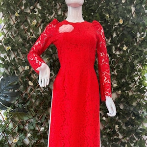 Luxurious Red Lace Vietnamese Ao Dai, Ao Dai Ren Do