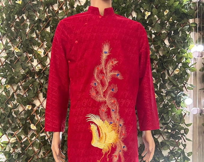 Red Velvet Embroidered  Traditional Long Dress for Men, Men's Ao Dai, Ao Dai Chu Re, Ao Dai Nam. No pants