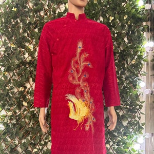 Red Velvet Embroidered  Traditional Long Dress for Men, Men&#39;s Ao Dai, Ao Dai Chu Re, Ao Dai Nam. No pants