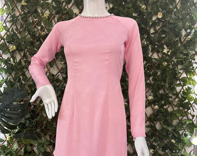 Luxurious Whole Set Brocade Pink Ao Dai with Beads