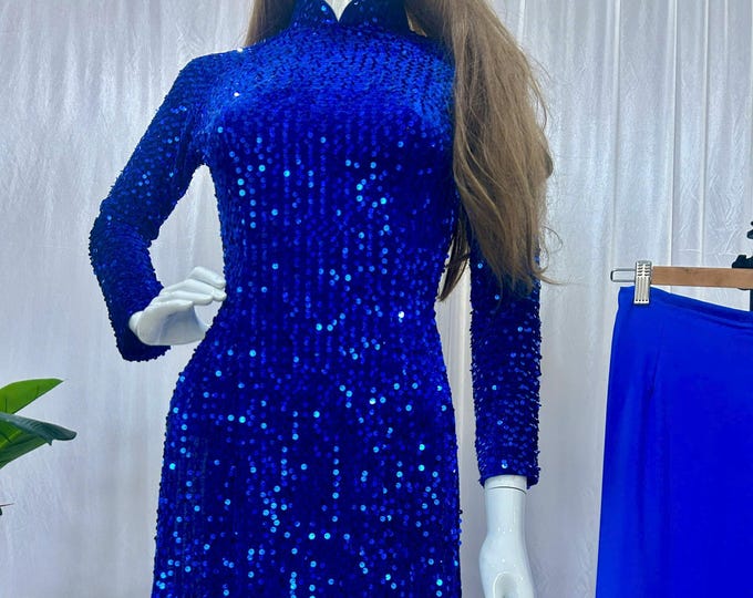 Blue Luxurious Sequin ao dai, Ao dai for Bride mother of Bride/Groom, Ao dai truyen thong Dep