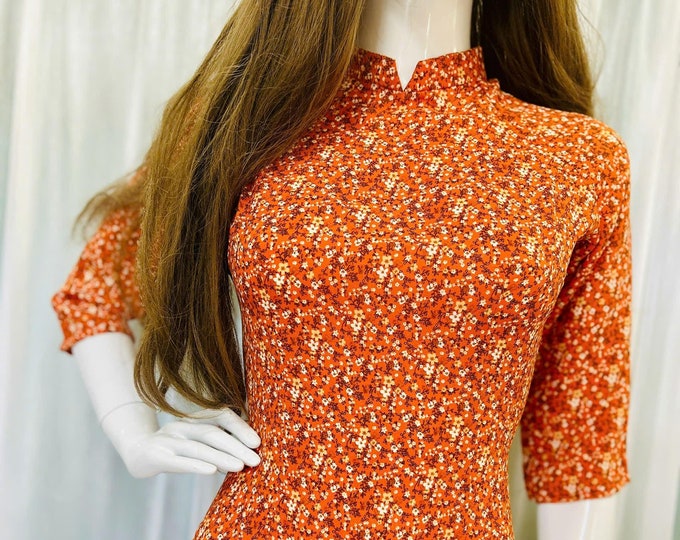 Floral Orange Silk Traditional Vietnamese Ao Dai | Silk Premium Ao Dai | Luxury Áo Dài Hoa Nhí Cao Cấp