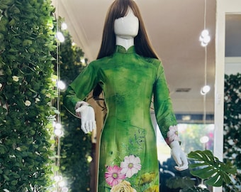 Belle Ao Dai vietnamienne florale traditionnelle verte faite main