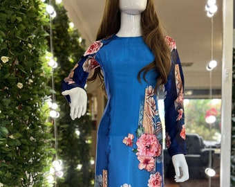 Beautiful Hand-Made Traditional Blue Floral Vietnamese Ao Dai