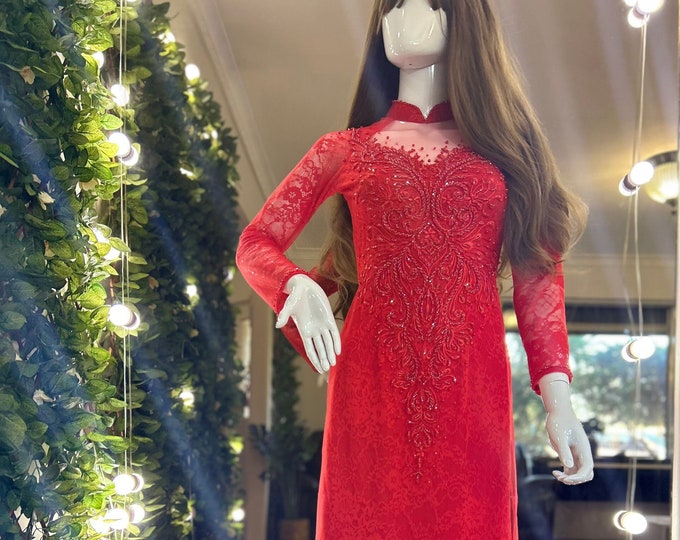 Luxurious Red Ao Dai for The Bride, Ao Dai Co Dau Mau Do, Áo dài Đỏ Cô Dâu