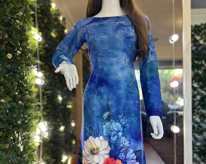 Beautiful Hand-Made Traditional Blue Floral Vietnamese Ao Dai