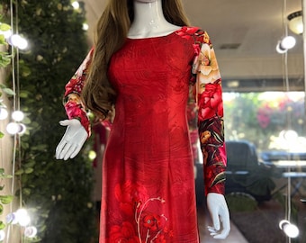 Beautiful Hand-Made Red Traditional Floral Vietnamese Ao Dai