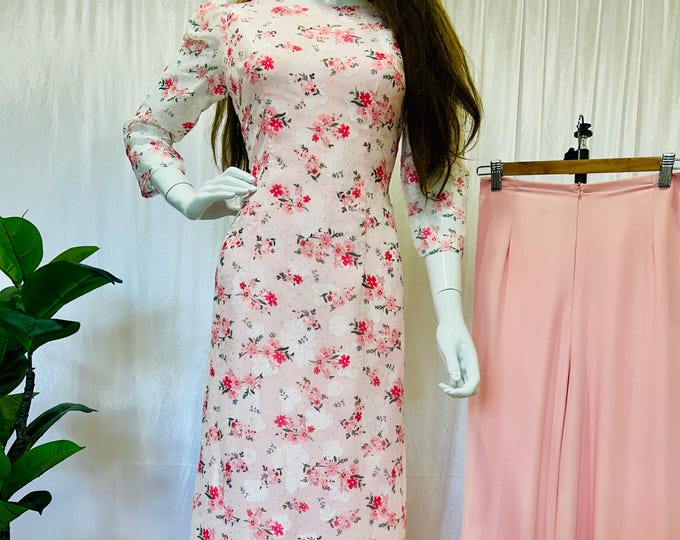 Pink Floral Vietnamese Áo Dài | Double Layer | Premium Fabric | Traditional Dress