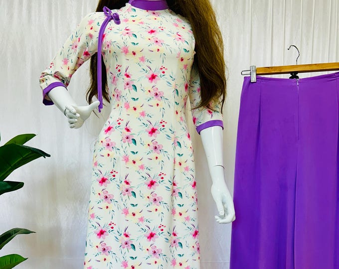 Beautiful Purple Floral Vietnamese Áo Dài | Double Layer | Premium Fabric | Traditional Dress