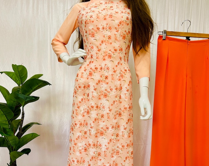 Peach Floral Vietnamese Áo Dài | Double Layer Premium Fabric | Traditional Dress with Bright Orange Pants