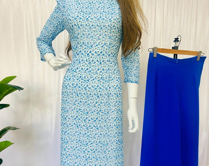 Blue Beautiful Floral Vietnamese Áo Dài | Double Layer | Premium Fabric | Traditional Dress