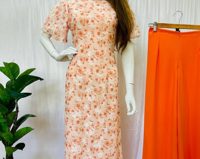 Peach Floral Vietnamese Áo Dài | Double Layer Premium Fabric | Traditional Dress with Bright Orange Pants