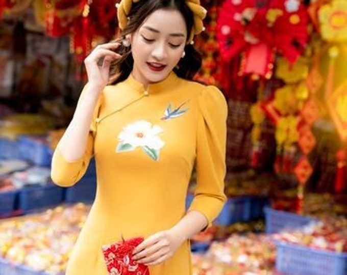 Gold Embroidered Modernized Vietnamese Ao Dai