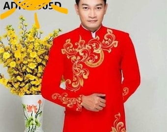 Red Vietnamese Traditional Long Dress for Men, Ao Dai Chu Re, Ao Dai Nam. No pants