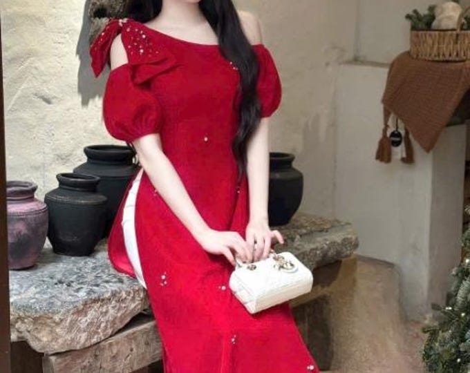 Red Velvet Modernized Ao Dai, Ao Dai Viet Nam Cach Tan Cao Cap, Áo Dài việt nam cao cấp