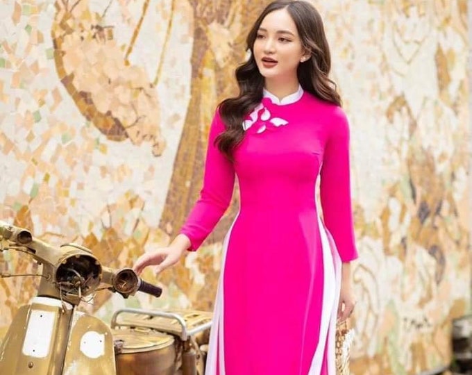Beautiful Designed Traditional Vietnamese Ao Dai with handmade Flowers