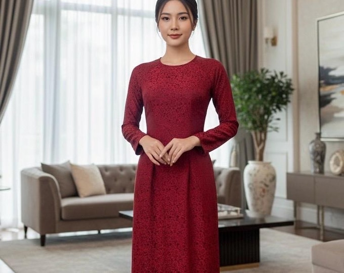 Brocade Traditional Vietnamese Ao Dai - Dual-Tone Red and Black | Gam Silk Premium Ao Dai | Luxury Áo Dài Gấm Cao Cấp