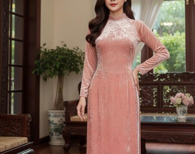 Pink Velvet TRADITIONAL  Ao Dai Set Pink Ao dai For Women,  Ao Dai for mother of Bride, Áo Dài Nhung
