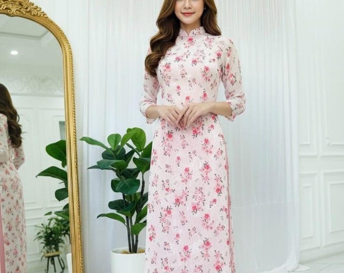 Pink Floral Vietnamese Áo Dài | Double Layer | Premium Fabric | Traditional Dress