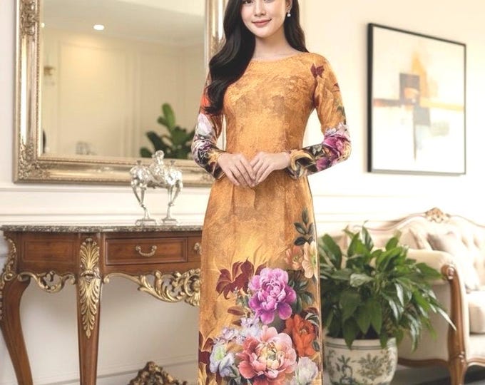 Beautiful Hand-Made Traditional Gold Floral Vietnamese Ao Dai