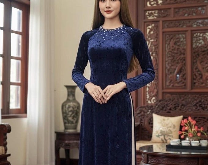 Navy Velvet TRADITIONAL  Ao Dai Set Ao dai For Women,  Ao Dai for mother of Bride, Áo Dài Nhung