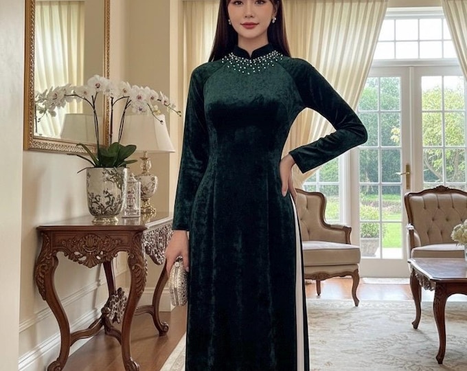 Velvet Green TRADITIONAL  Ao Dai Set Red Ao dai For Women,  Ao Dai for mother of Bride, Áo Dài Nhung
