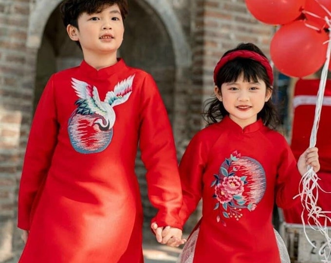 Beautiful Red Taffeta Ao Dai for Kids, Children's Ao Dai, Ao dai for Boys, ao dai for Girl Boy's Ao Dai Girl's Ao Dai Ao Dai Be Trai Be Gai