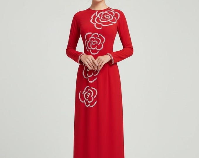 Luxurious Red Ao Dai for women with beads Vietnamese Traditional Ao Dai, Ao Dai  Dinh Ket Cao Cap, Ao Dai Trung Nien